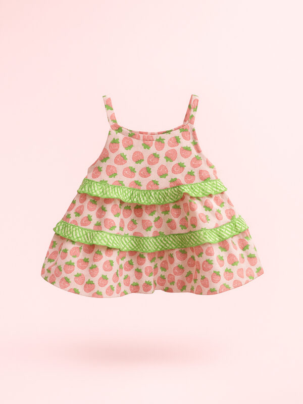 Pink & green strawberry pattern girls frock - Image 3