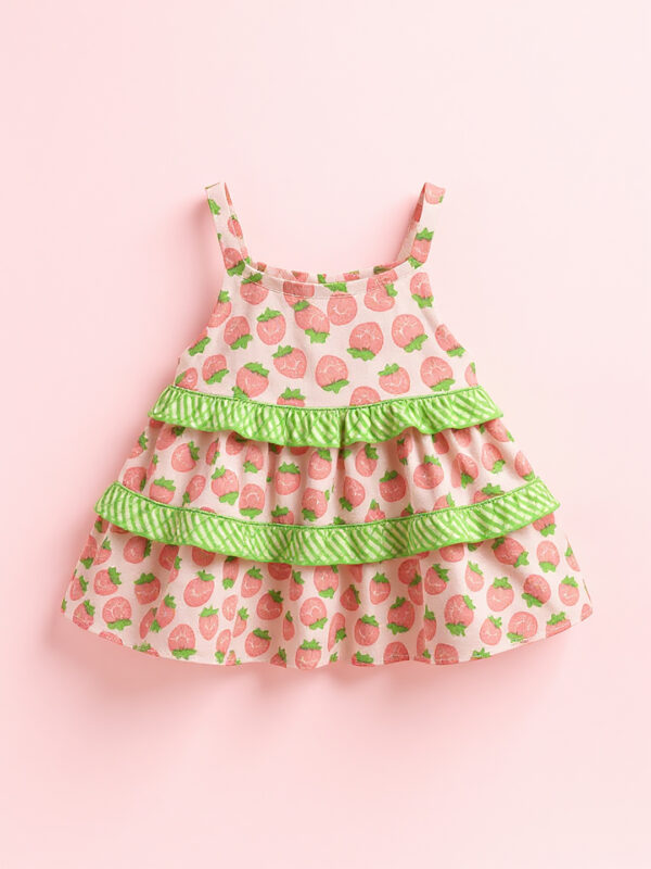Pink & green strawberry pattern girls frock - Image 2