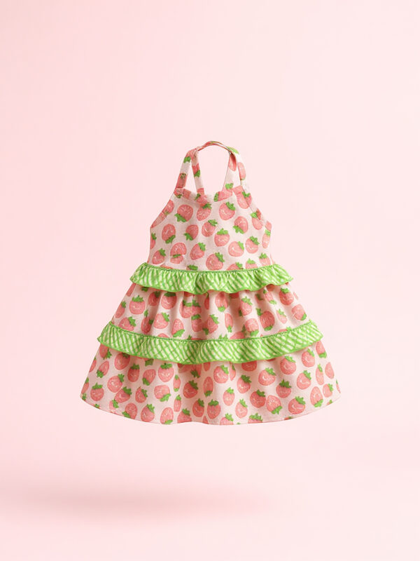 Pink & green strawberry pattern girls frock - Image 4